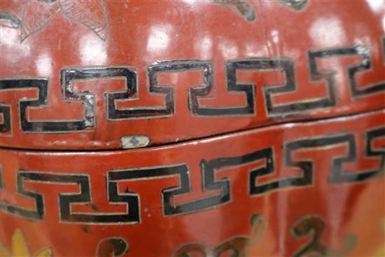 A Chinese lacquer pumpkin shaped box and cover